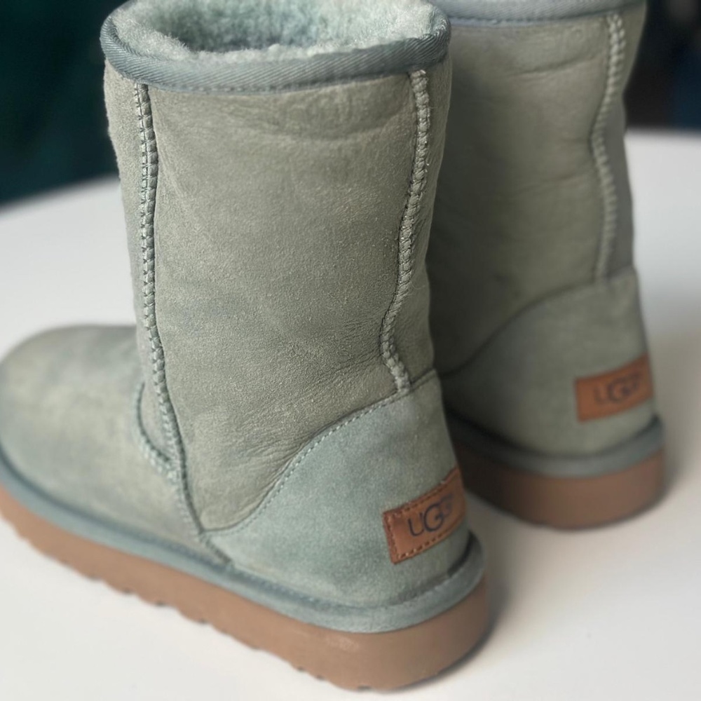 UGG Short Winter Boots in Sage Green with Brown Soles